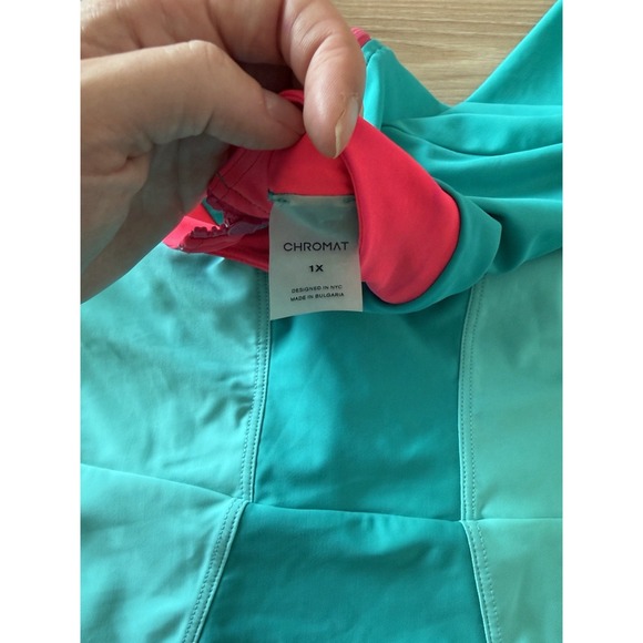 Chromat Womens Colorblock Short Sleeve One Piece Swimsuit Teal Pink 1X - Picture 2 of 8